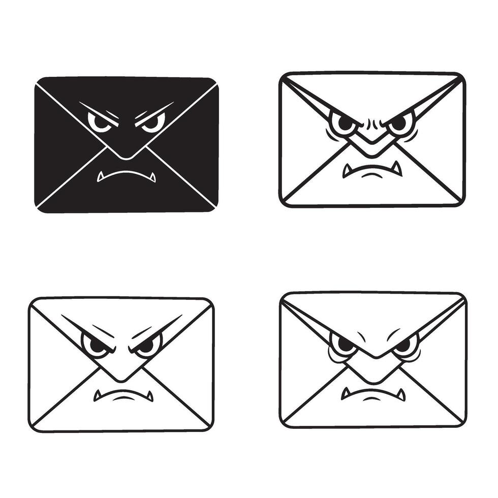 Angry and funny Envelope silhouette and out line art illustration 4 set design perfect for mail icon packs emoji envelope art postal branding and expressive communication themes vector