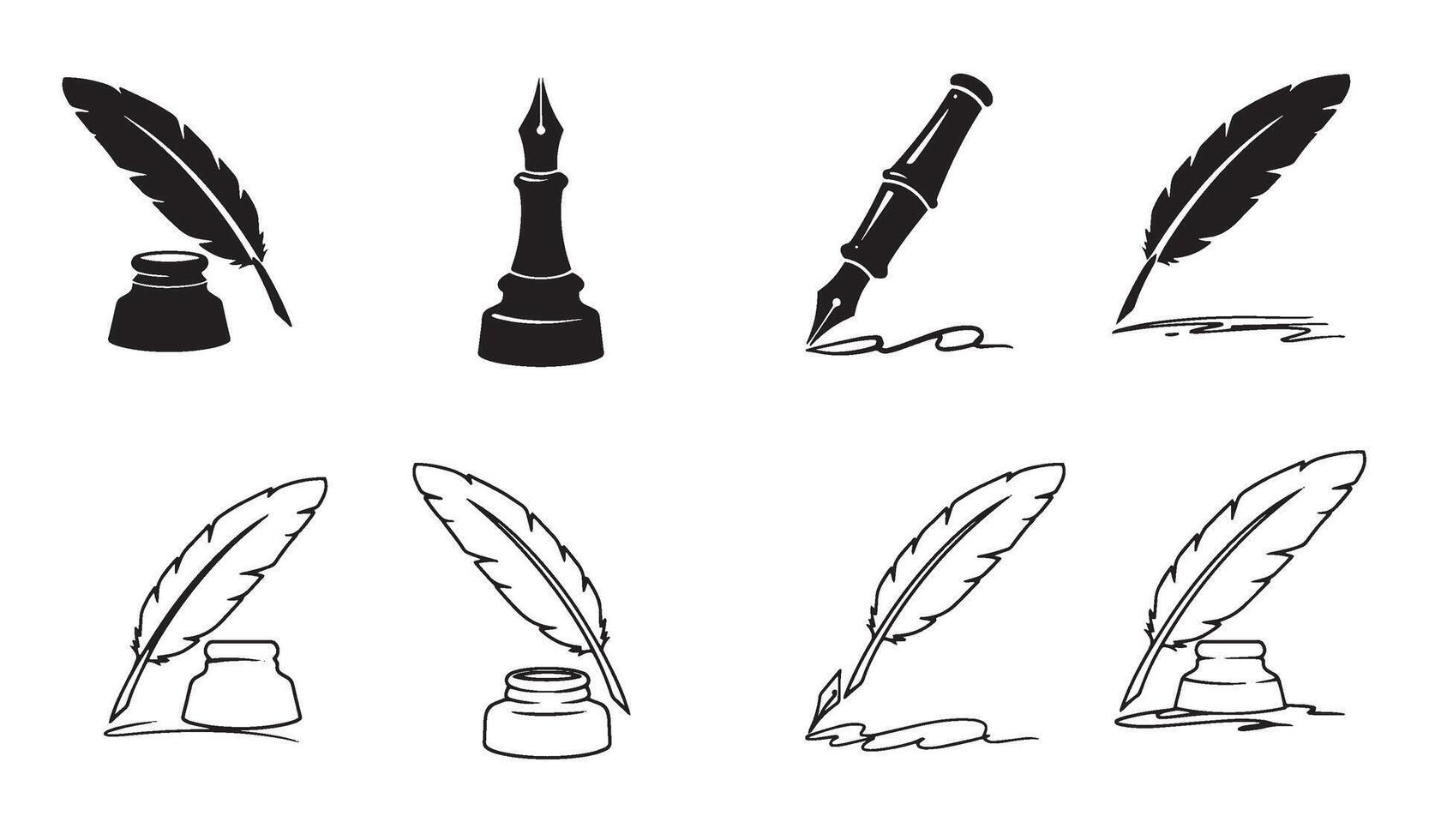 Timeless pen and feather quill signature symbol set with silhouette illustration for author logos vector