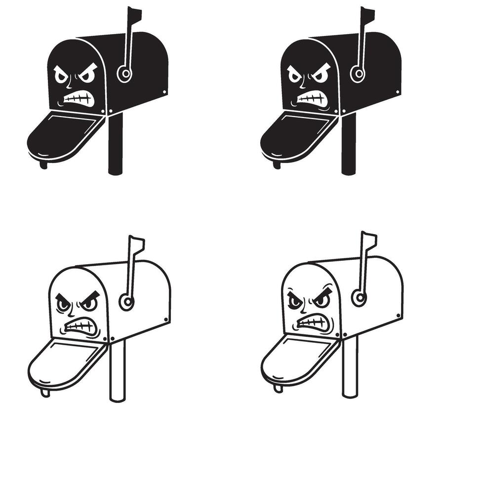 Angry and funny Mailbox silhouette and out line art illustration 4 set design made for digital emoji sticker packs quirky mail icons and office themed art vector