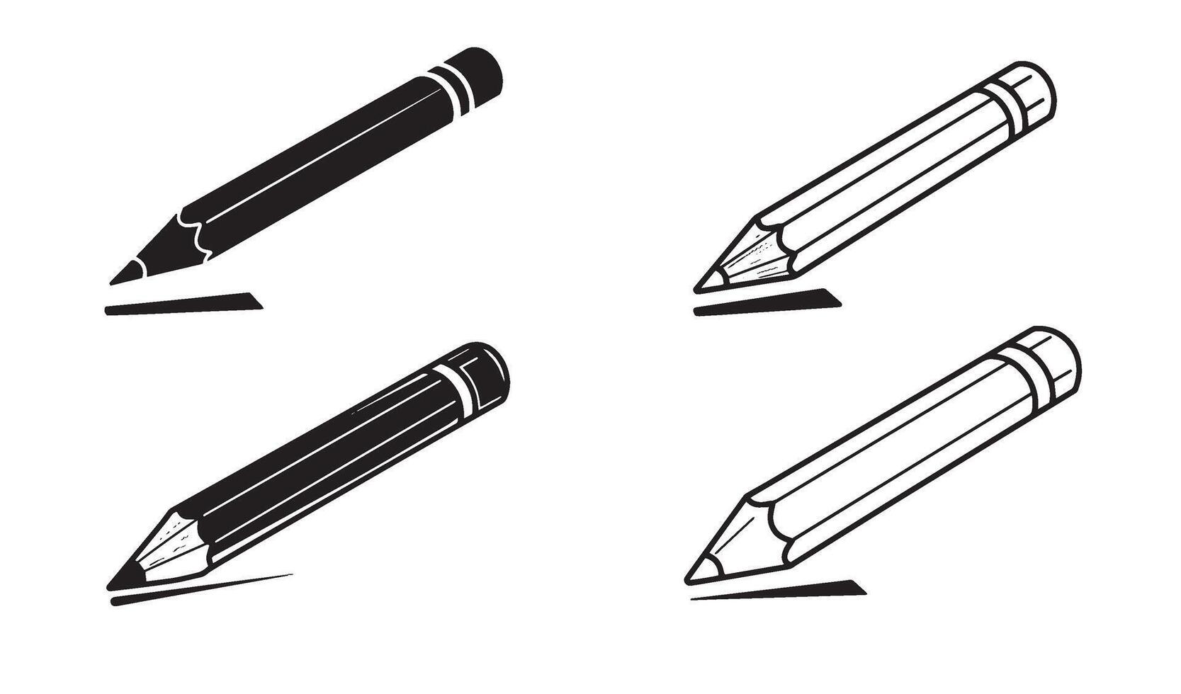 Pencil silhouette and out line art illustration 4 set design ideal for hand drawn elements office stationery logo design classroom tools and artistic branding templates vector