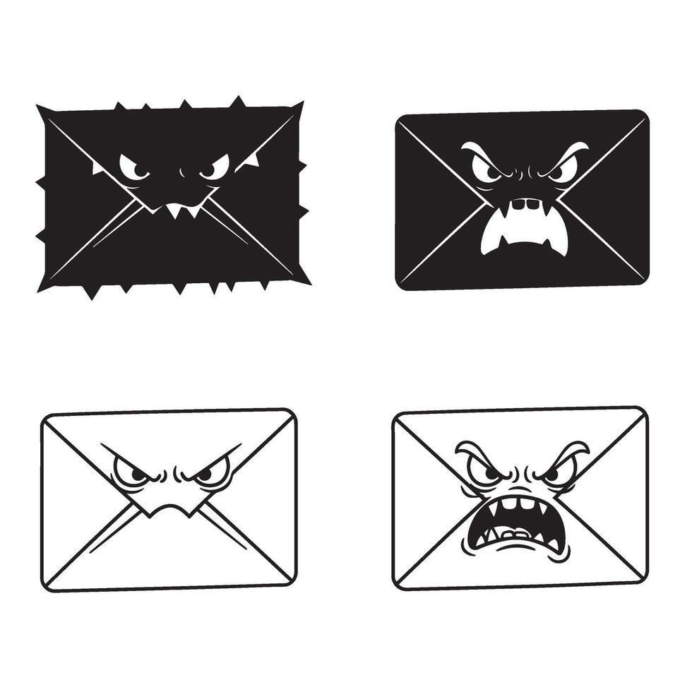 Expressive and funny angry and funny Envelope silhouette and out line art illustration 4 set design for letterhead concepts and creative mail icons vector