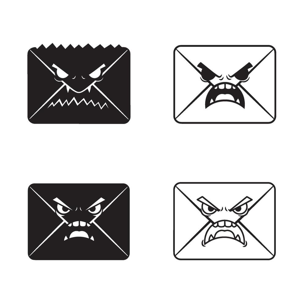 Angry and funny Envelope silhouette and out line art illustration 4 set design crafted for mobile emoji sets email icons mail graphics and silly communication items vector