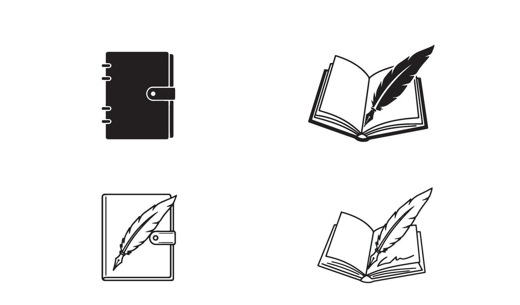 Signature style notebook with pen and quill logo set silhouette art for branding and identity vector