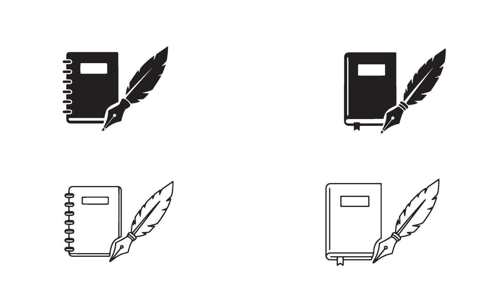 Quill pen notebook and signature logo symbol set in hand drawn silhouette for artistic branding vector