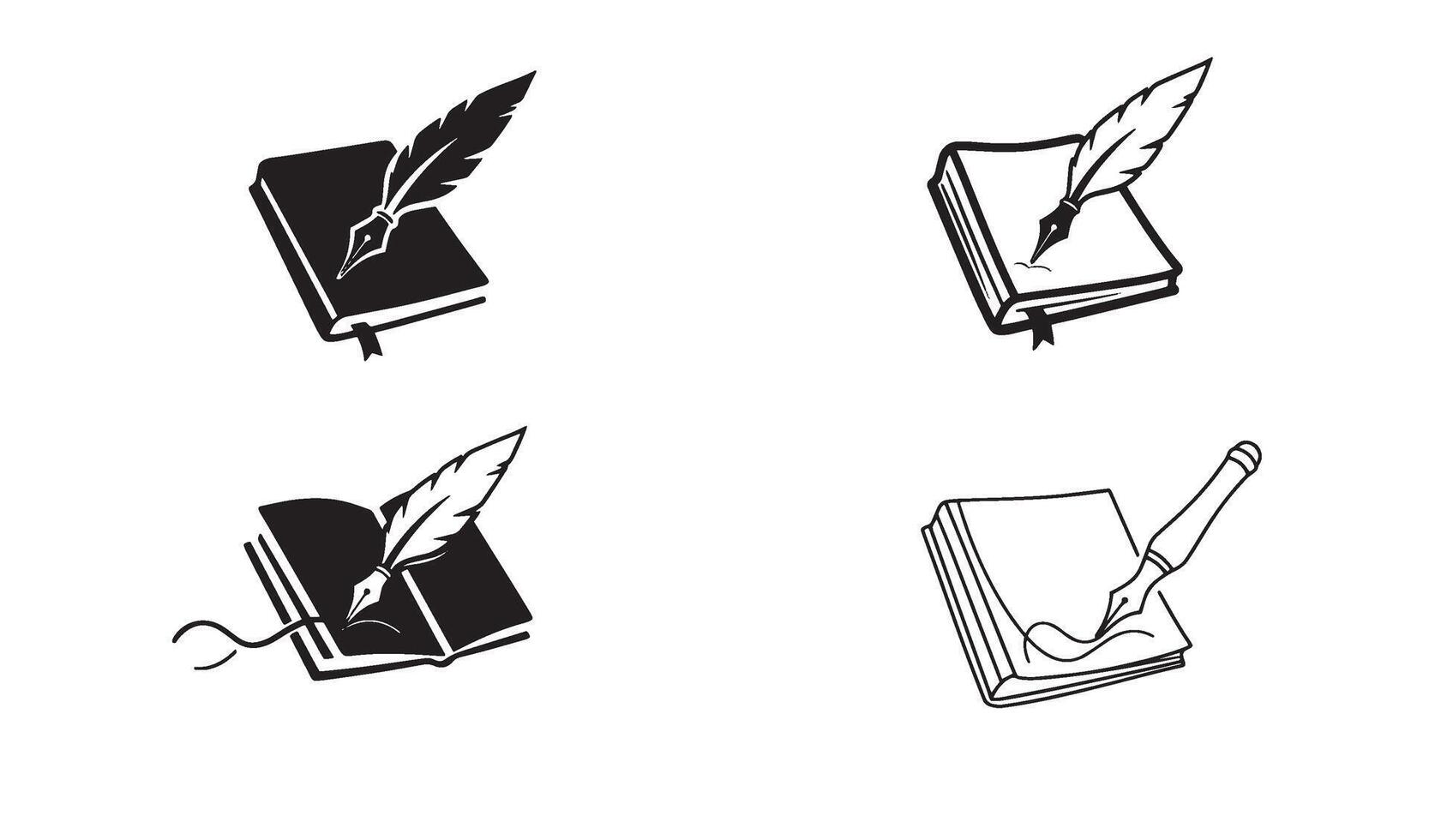 Classic notebook pen and feather quill logo set silhouette style for writing tool business logo vector
