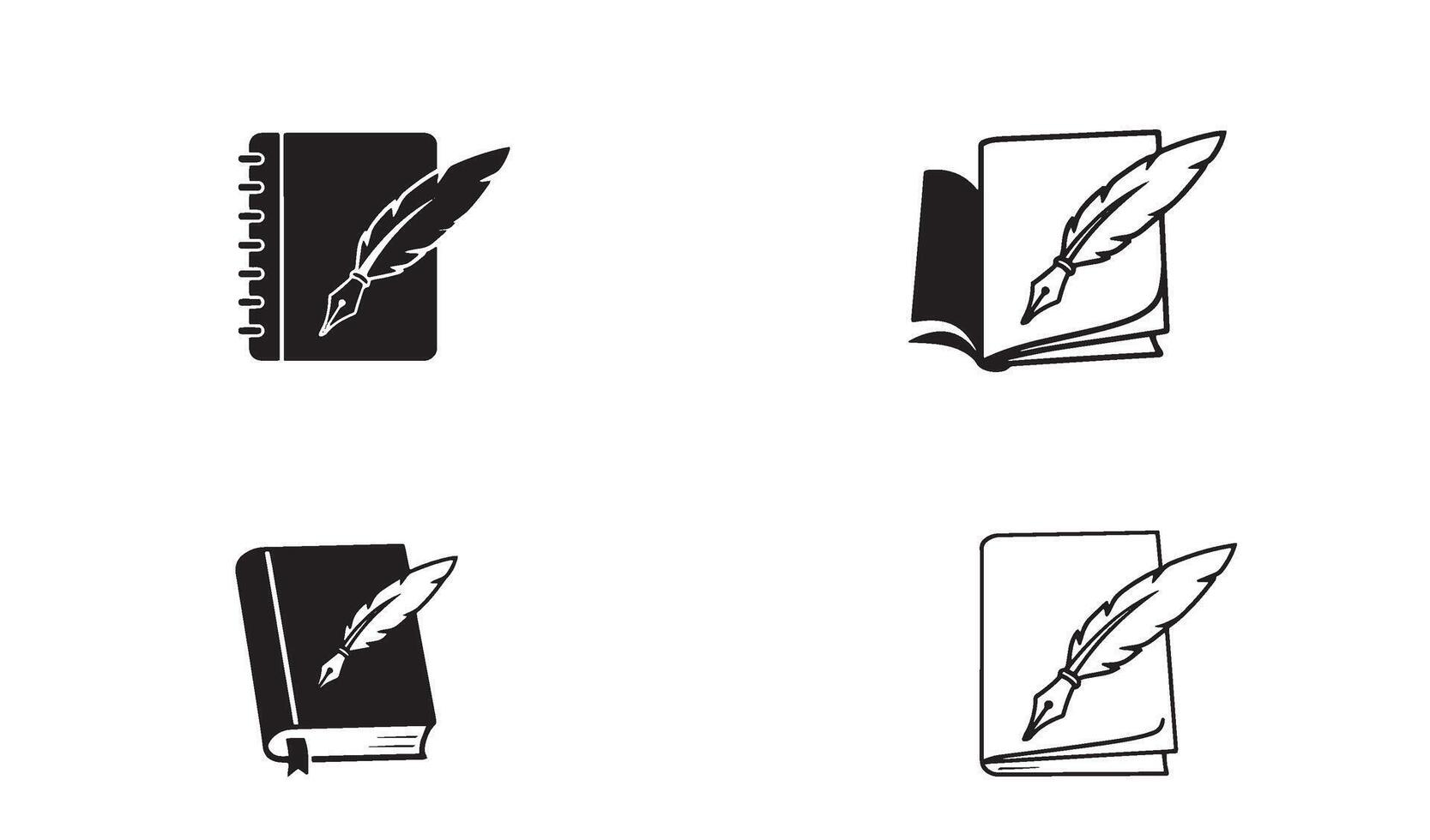 Elegant notebook pen and quill logo symbol set in silhouette for personal branding and identity vector