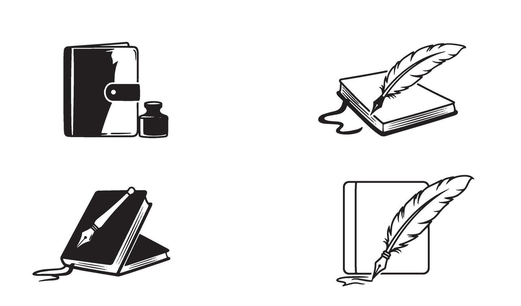 Signature identity logo set with notebook pen and quill in silhouette for literature branding vector