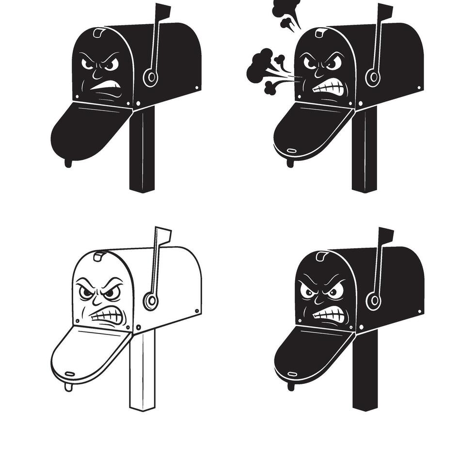 Angry and funny Mailbox silhouette and out line art illustration 4 set design for stationery branding school projects expressive mail icon sets and digital art vector