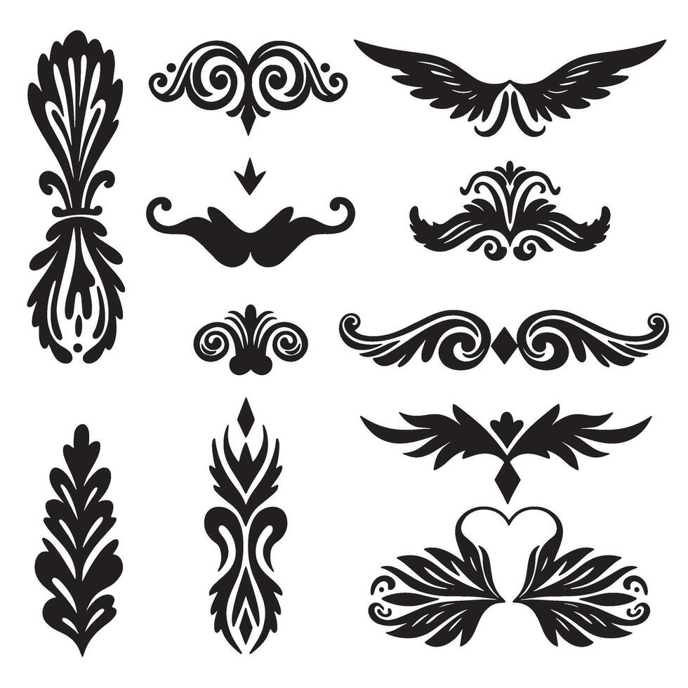 Flourish decoration bundle with swill ornament elements in silhouette hand drawn vector
