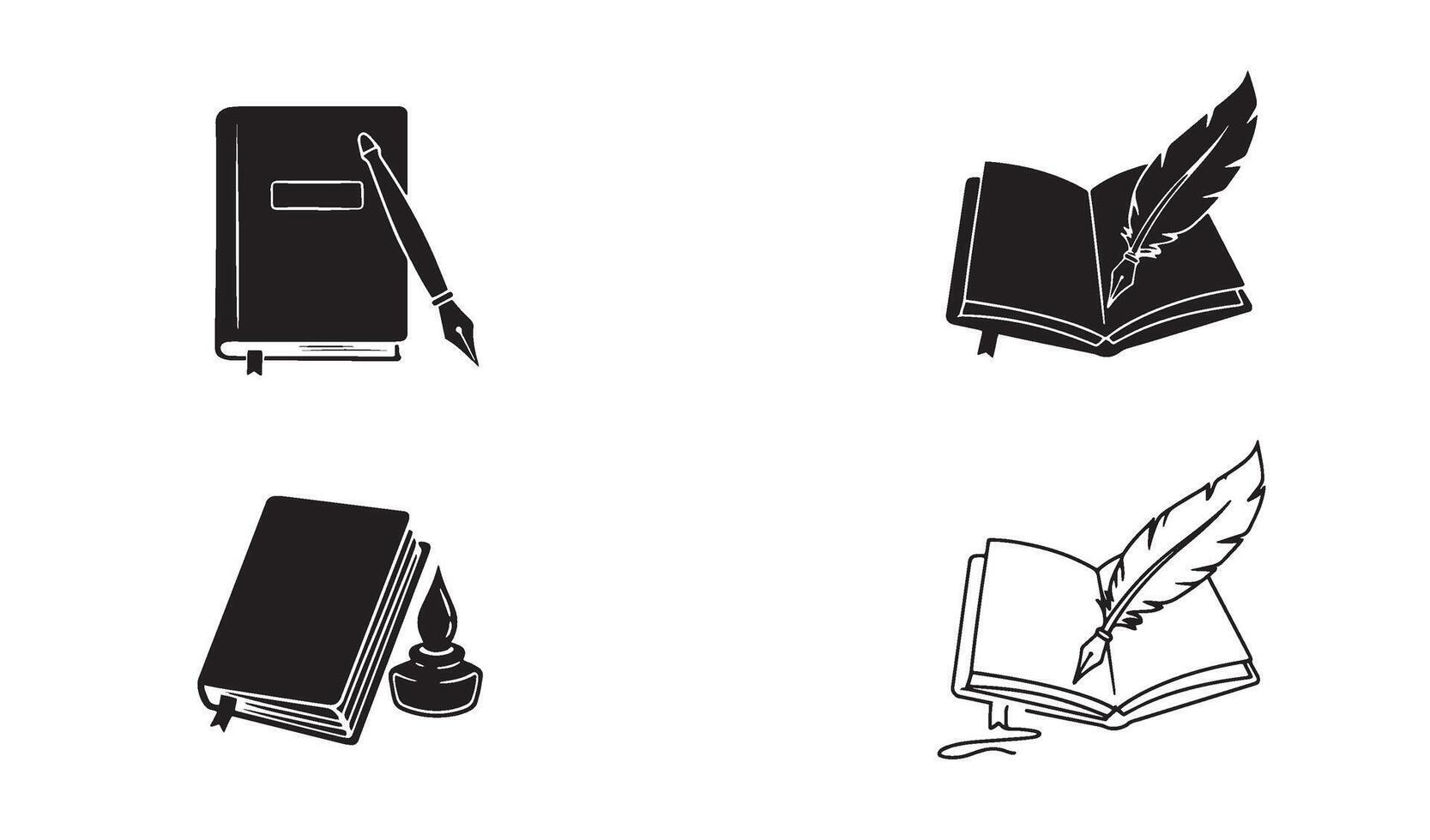 Notebook pen logo set featuring quill and signature symbol in silhouette for creative branding vector