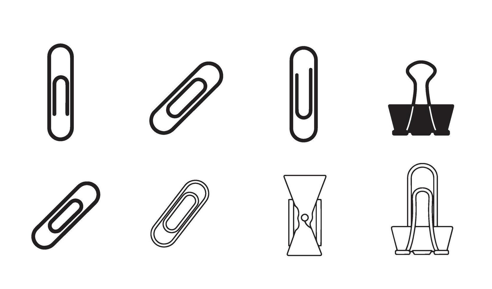 Paperclip silhouette and out line art logo symbol illustration 4 set design with sleek office style icons used in branding paper tools and desktop workspace visuals vector