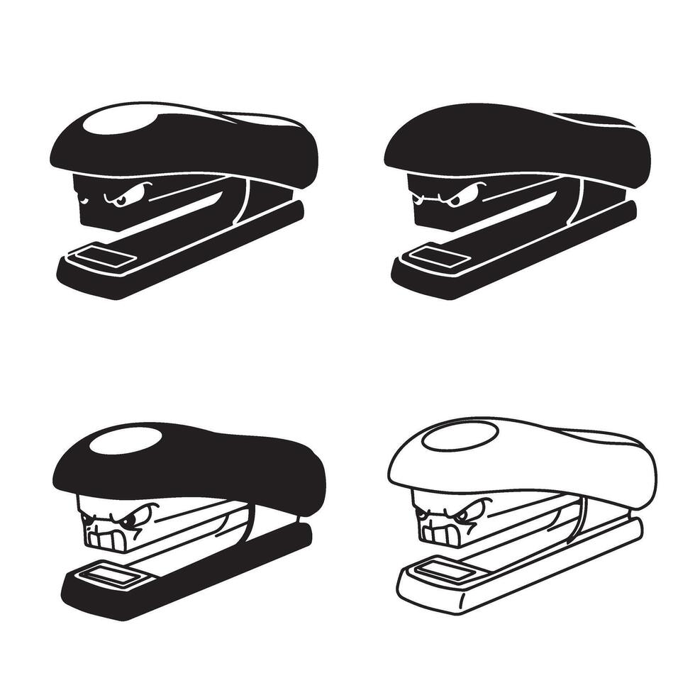 Minimal angry and funny Stapler silhouette and out line art illustration 4 set design showing emotion based icons for print media branding and fun office tools vector