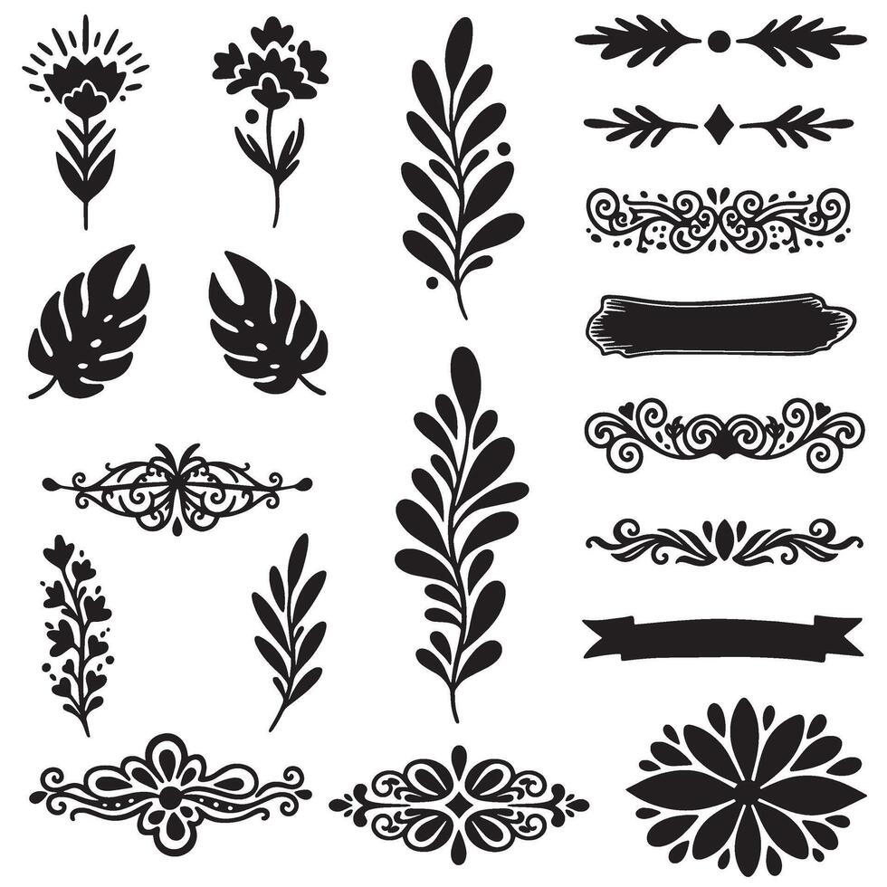 Detailed swill ornament bundle in hand drawn silhouette for elegant design layout vector
