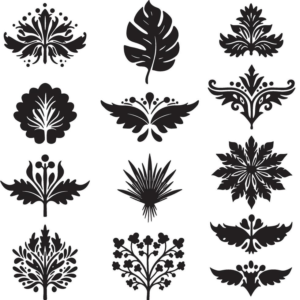 Ornamental swill design element bundle set in silhouette with hand drawn details vector