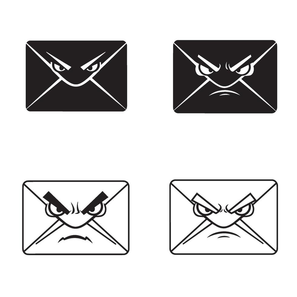 Angry and funny Envelope silhouette and out line art illustration 4 set design used in fun mail projects school communication stickers and creative icons vector