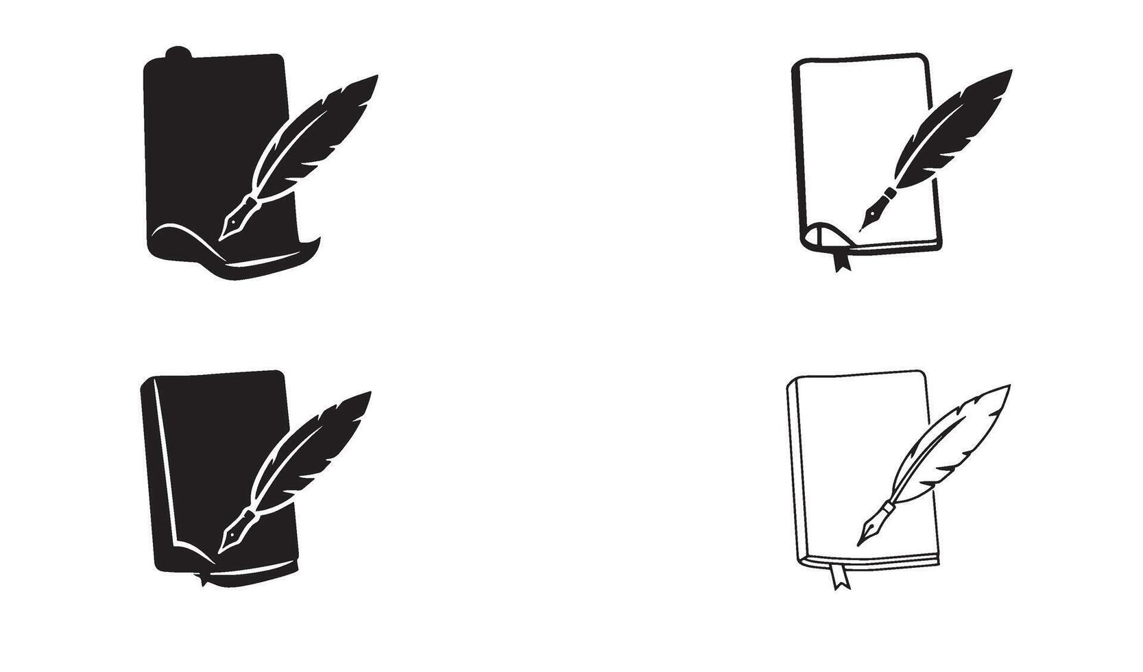 Clean writing logo bundle featuring pen quill and notebook in detailed line art for branding use vector