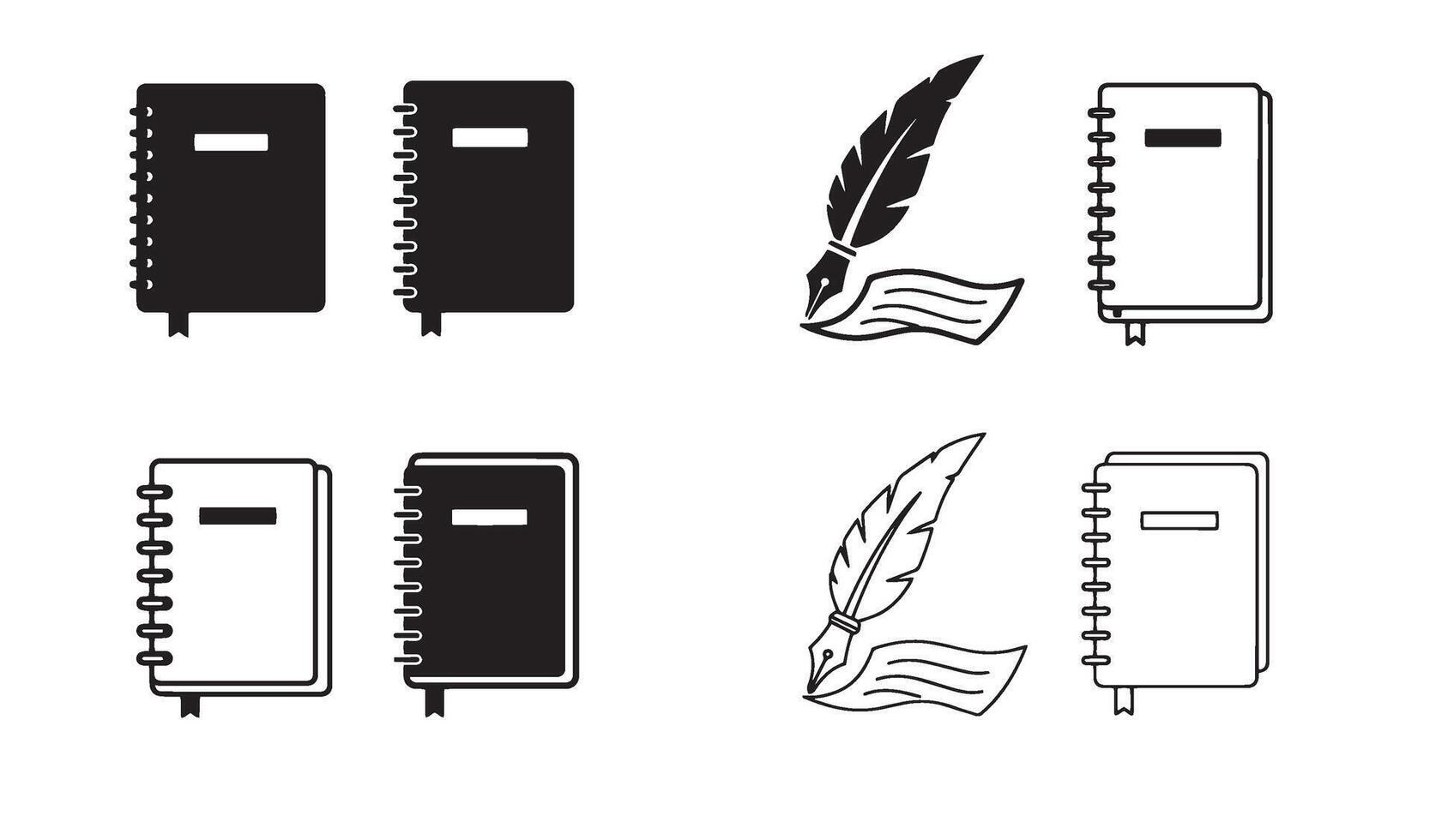 Silhouette logo set featuring pen quill and notebook for classic branding identity or design pack vector