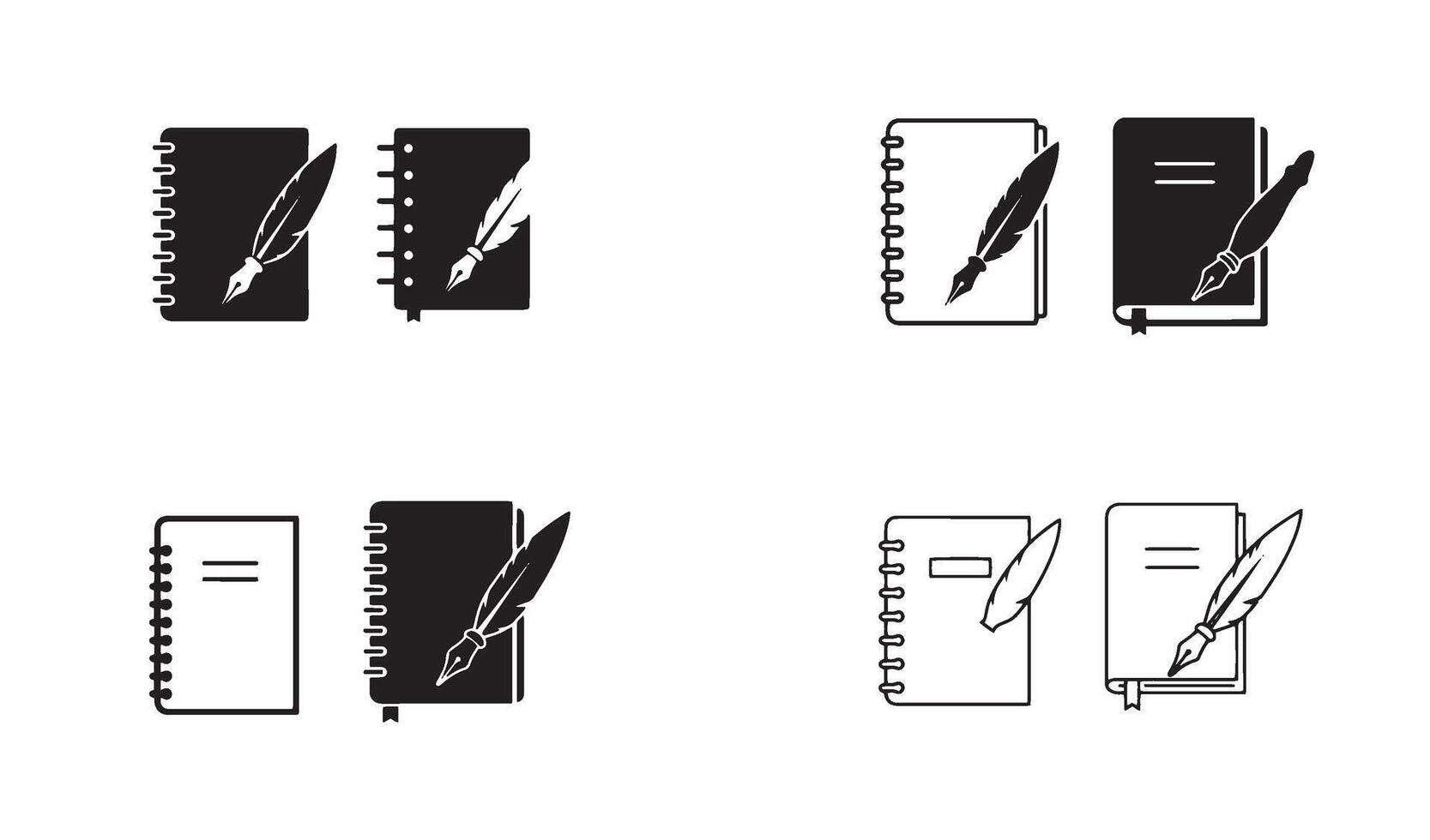 Vintage notebook with feather pen and quill signature logo set designed in line art illustration vector