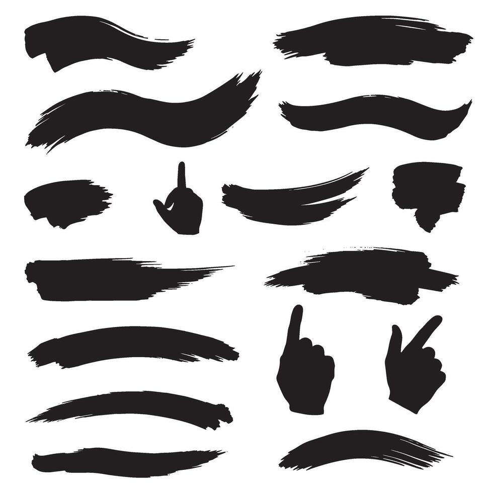 Artistic brush paint stroke elements in silhouette bundle with decoration ornaments for design use vector