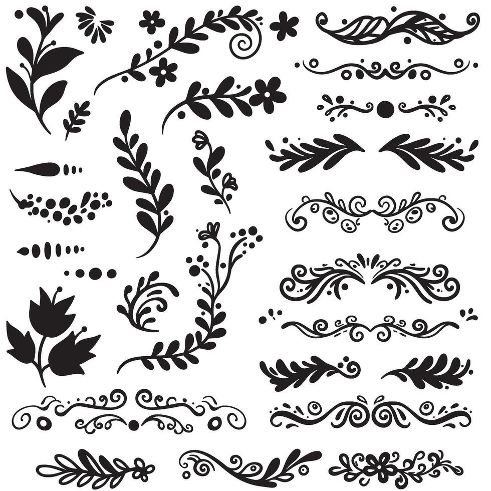 Hand drawn swill ornament silhouette bundle with classic decorative elements for design vector