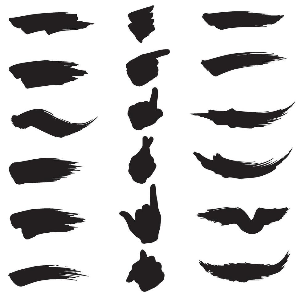 Decorative brush paint stroke bundle set with hand drawn elements in silhouette for layout design vector