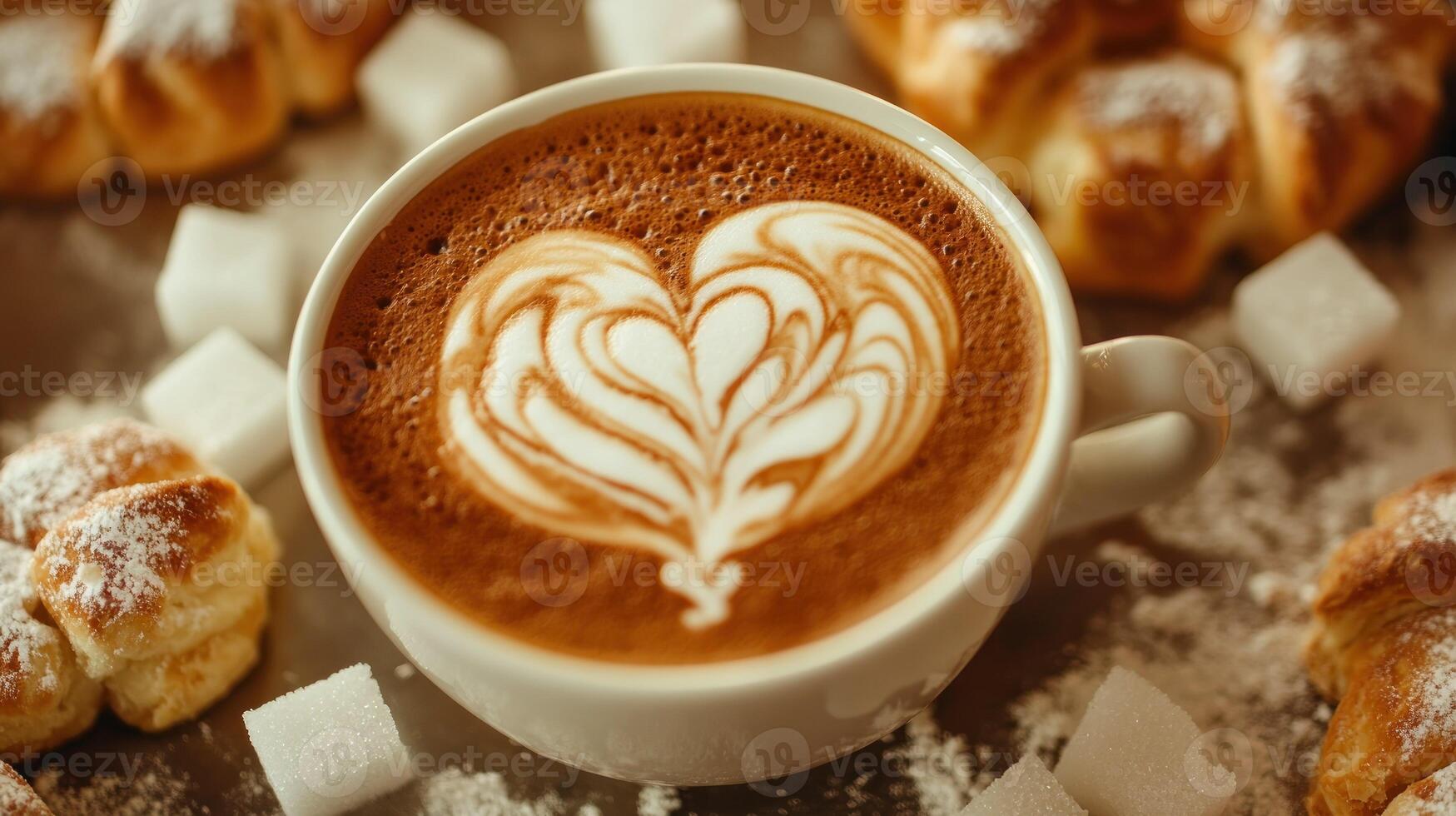 A cup of cappuccino with latte art in the shape of a heart, surrounded by pastries and sugar cubes. photo