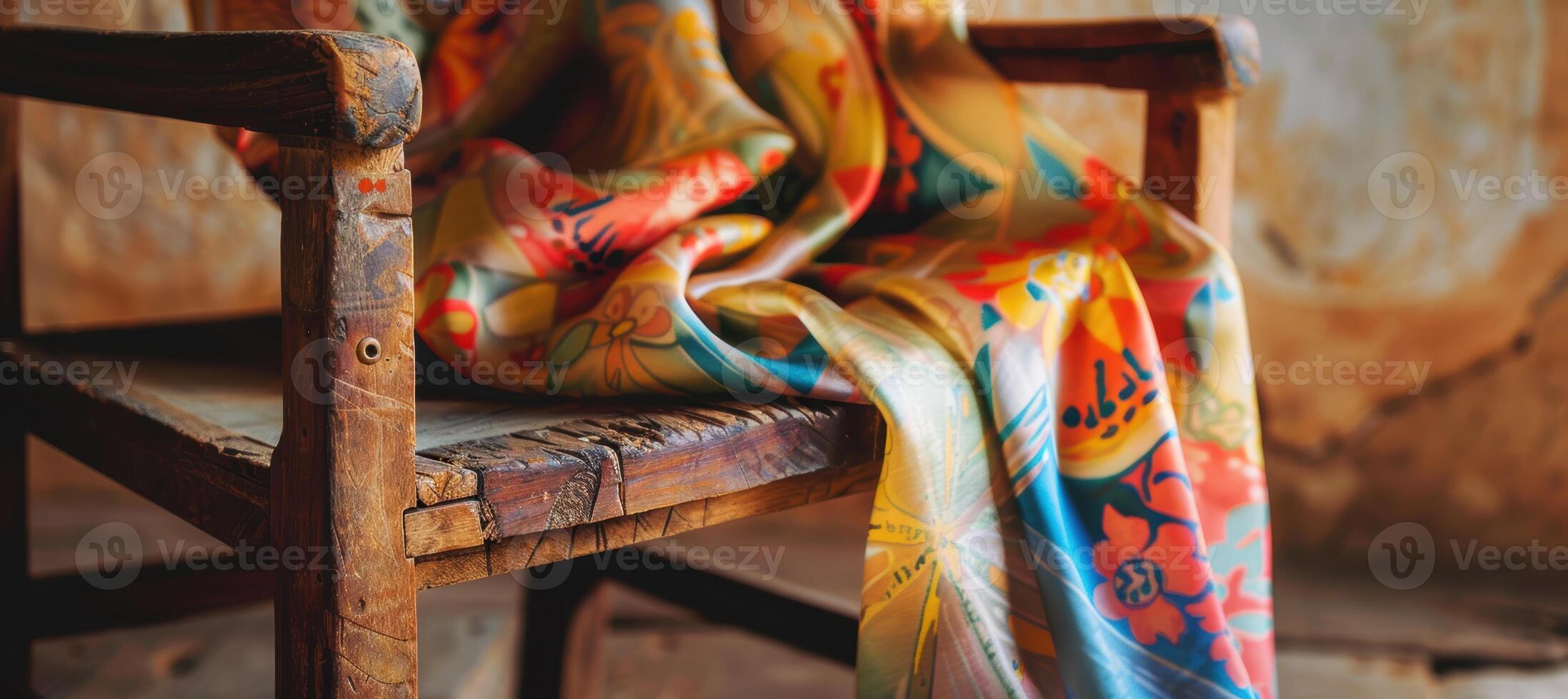 Vibrant Silk Scarf Draped on Rustic Wooden Chair in Soft Daylight for Artistic Decor Design photo