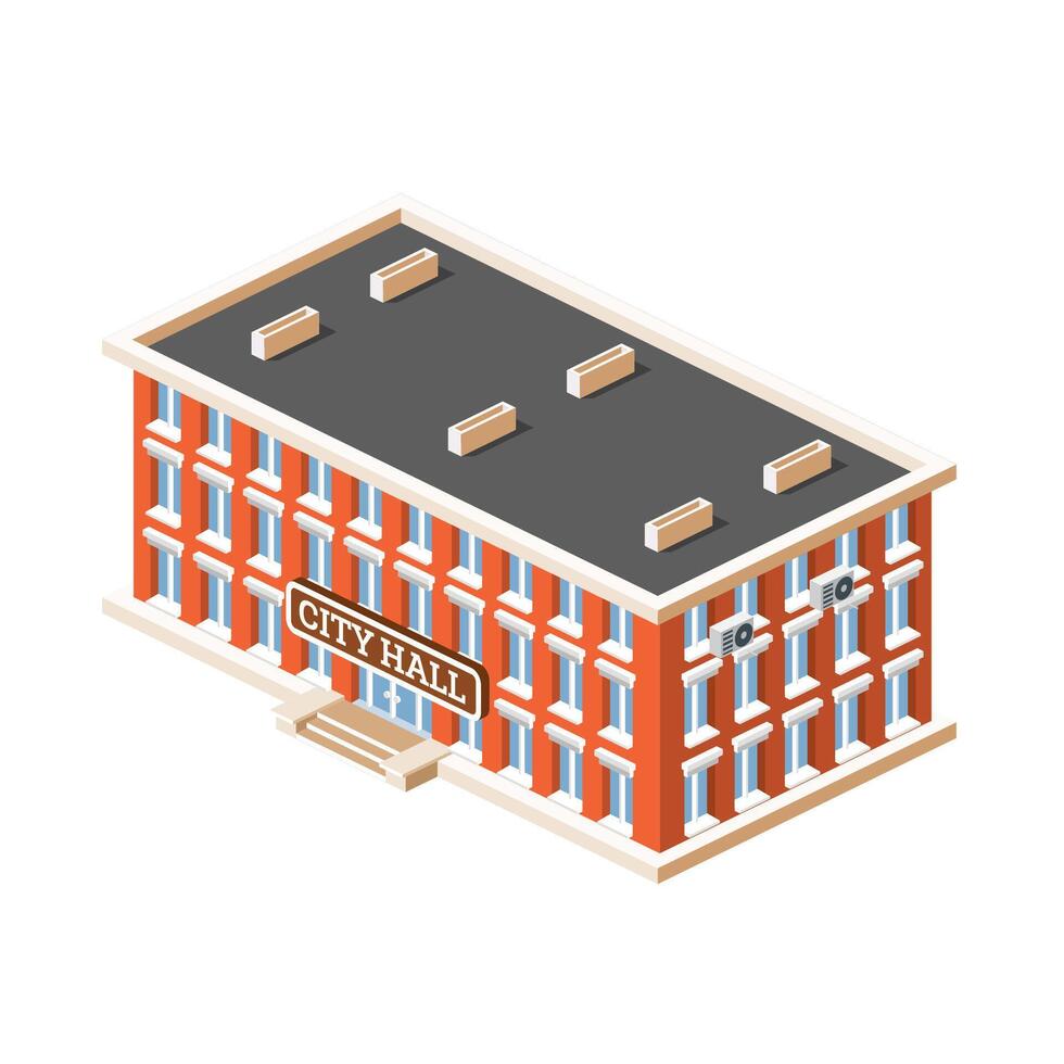 Isometric illustration of a city hall or town hall building with a red brick facade and flat roof. Building isolated on white background. Urban planning infographics. vector