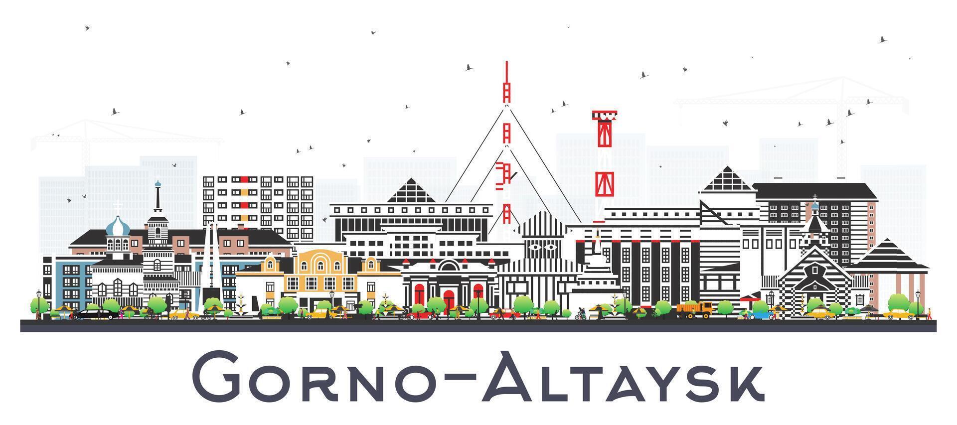 Gorno-Altaysk Russia city skyline with color buildings isolated on white. Gorno-Altaysk cityscape with landmarks. Travel and tourism concept with modern and historic architecture. vector