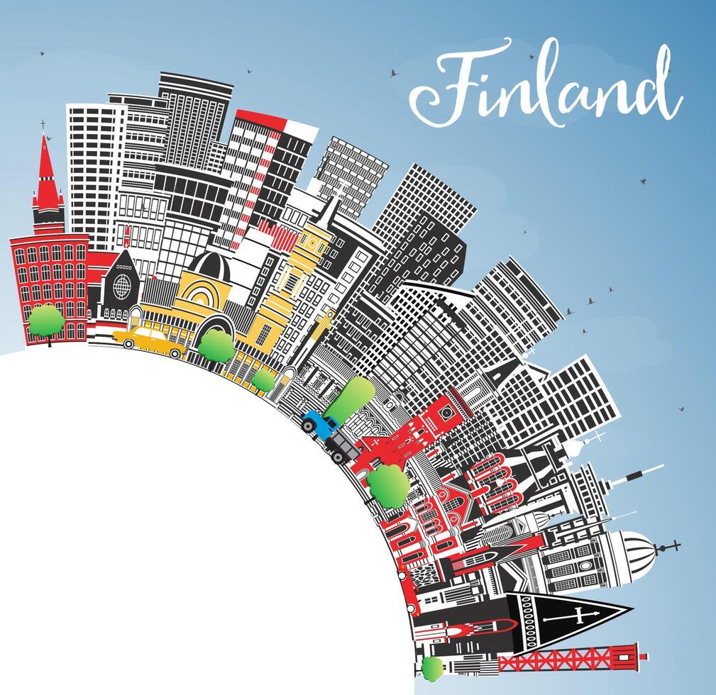 Finland city skyline with gray buildings, blue sky and copy space. Historic and modern architecture. Finland cityscape with landmarks. Helsinki. Espoo. Vantaa. Oulu Turku vector