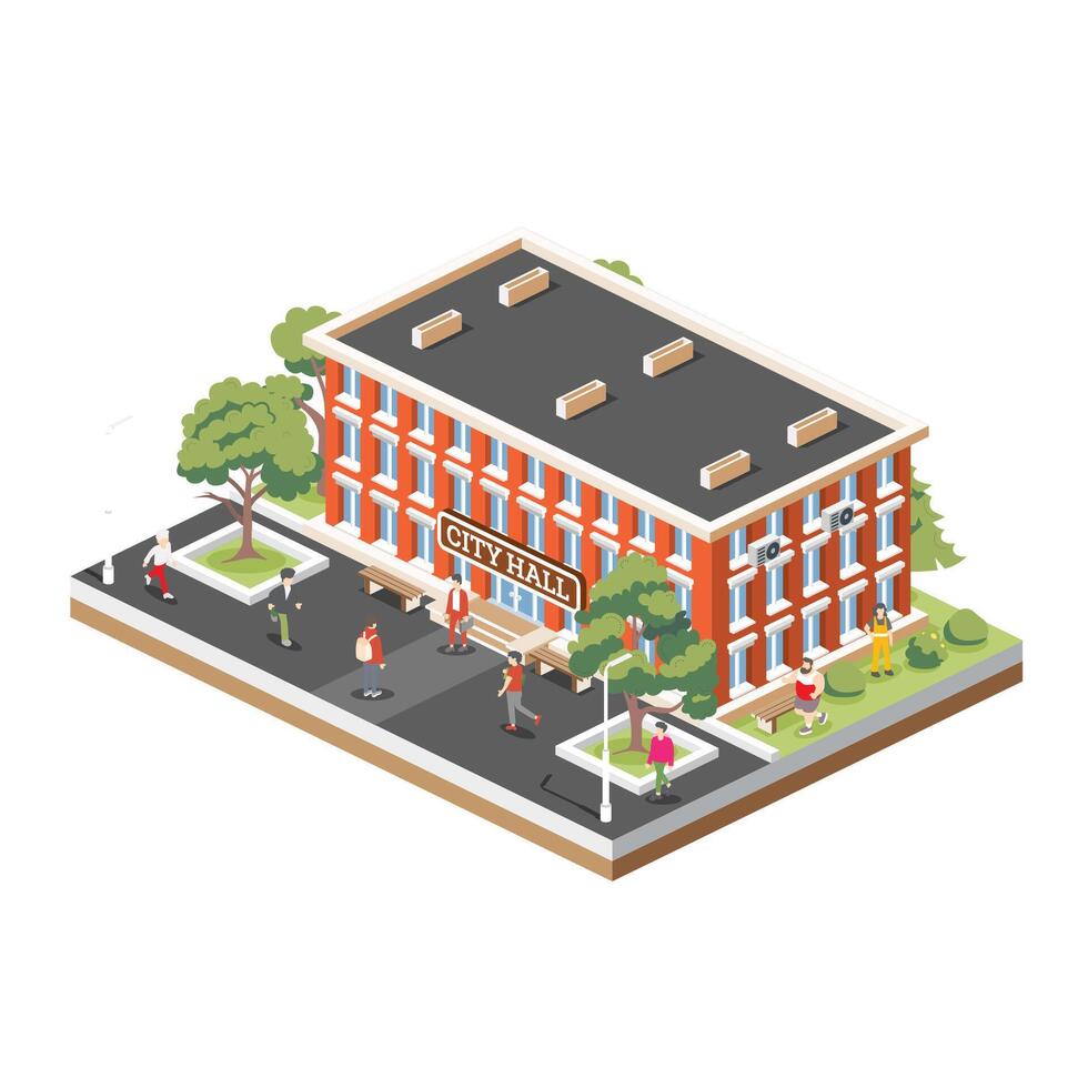 Isometric illustration of a city hall or town hall building with a red brick facade and flat roof. Building isolated on white background. Trees and benches. People walking around. vector