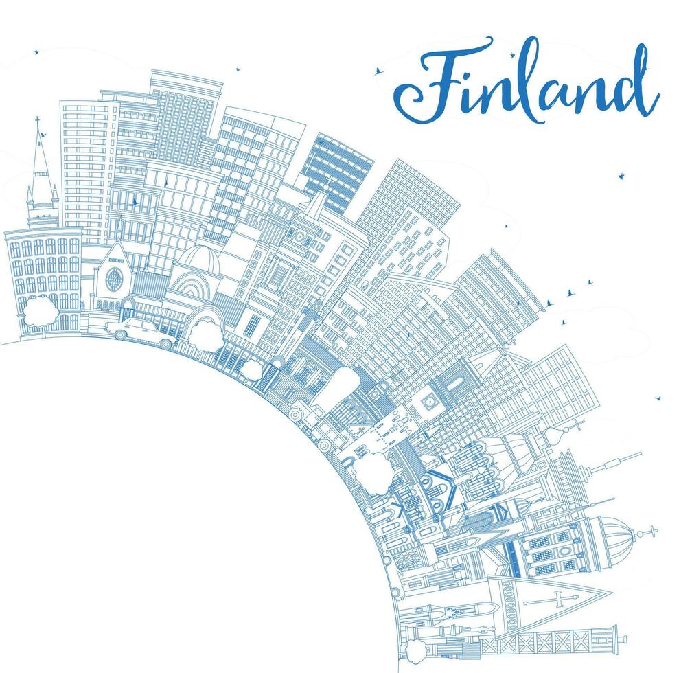 Outline Finland city skyline with blue buildings and copy space. Historic and modern architecture. Finland cityscape with landmarks. Helsinki. Espoo. Vantaa. Oulu Turku vector