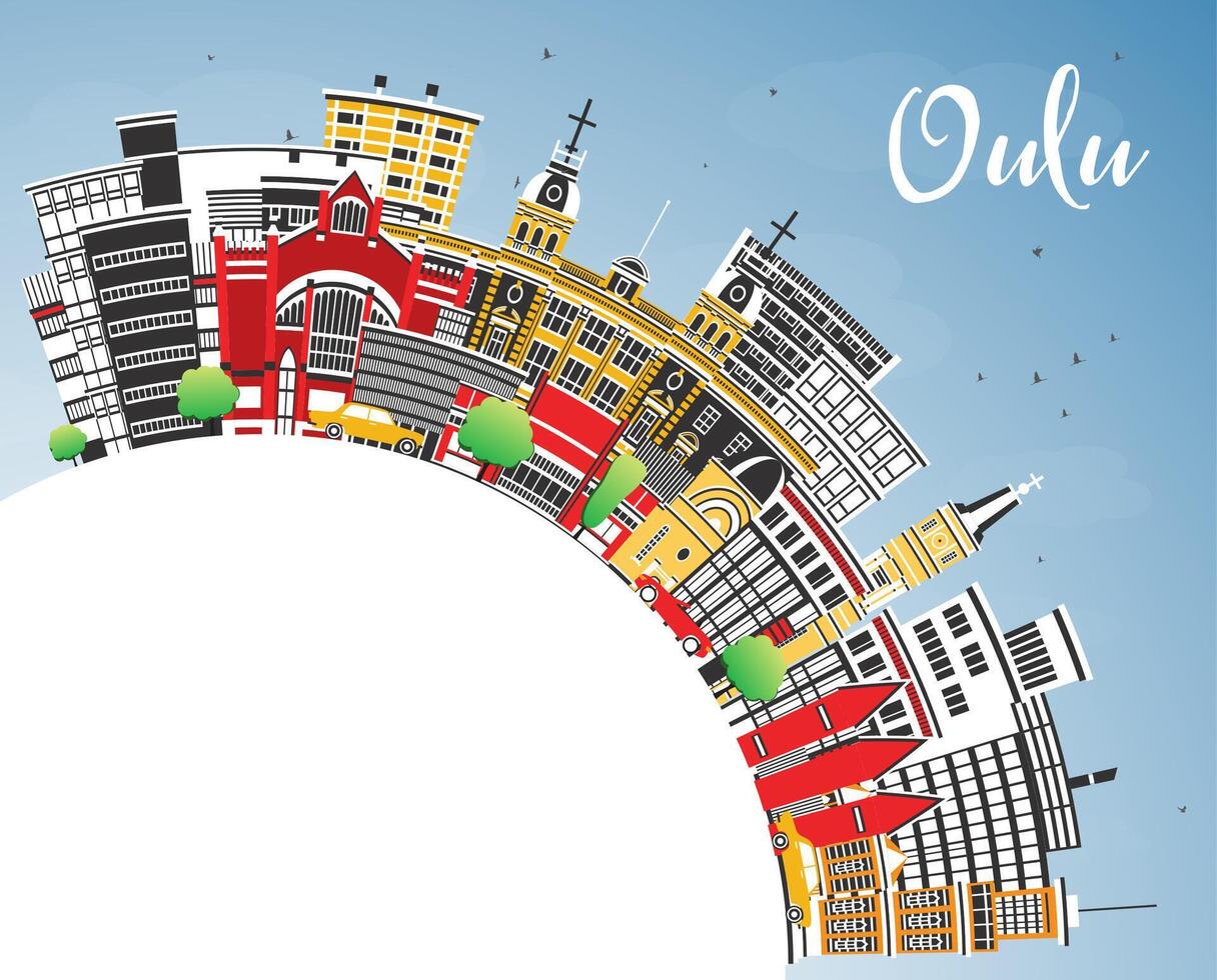 Oulu Finland city skyline with color buildings, blue sky and copy space. Oulu cityscape with landmarks. Business travel and tourism concept with modern historic architecture. vector