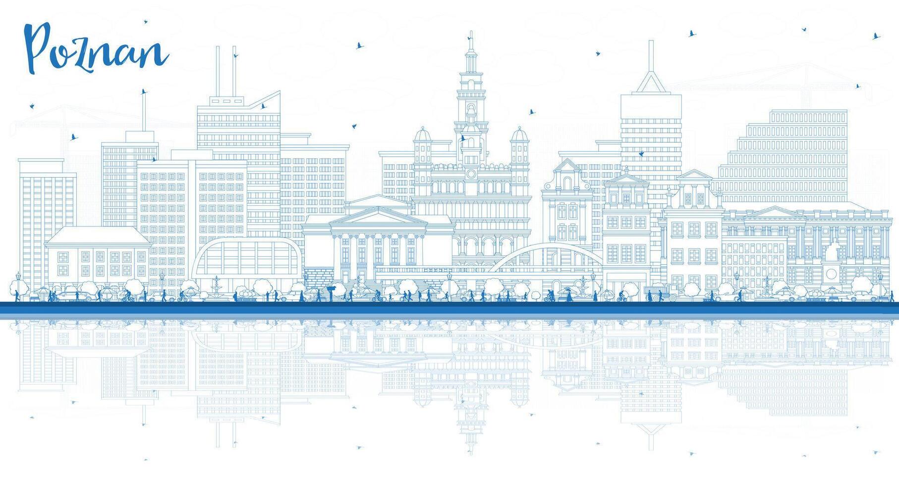 Outline Poznan Poland City Skyline with Blue Buildings and reflections. Poznan Cityscape with Landmarks. Business Travel and Tourism Concept with Historic Architecture. vector