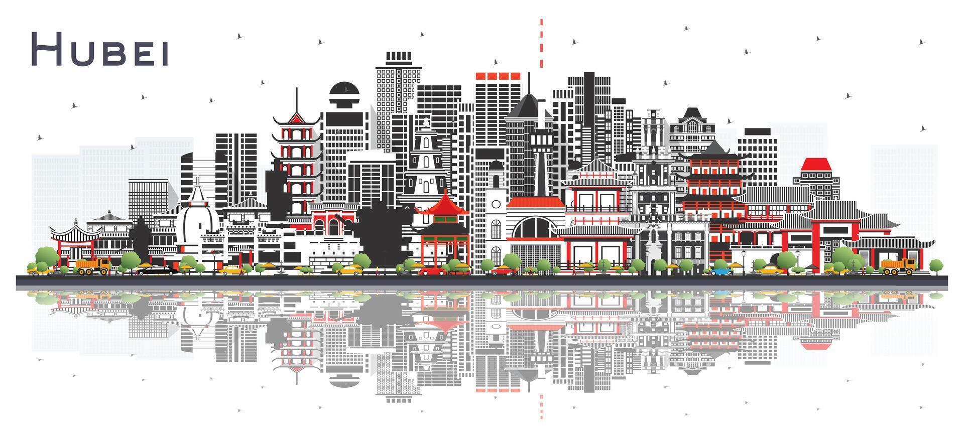 Hubei Province in China. City Skyline with Color Buildings Isolated on White. Tourism Concept with Historic Architecture. Hubei Cityscape with Landmarks. Wuhan. Xiaogan. vector