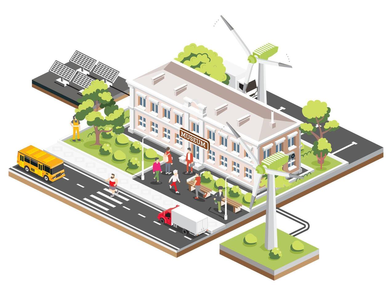 Isometric view of museum building. Solar panels and wind turbines. Ecology conservation. Sustainable energy. Cars, trees and benches. People walking around. vector