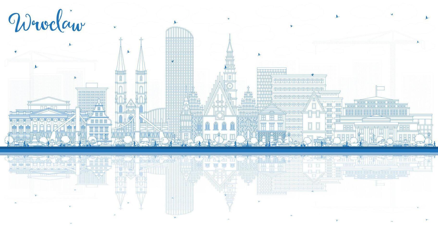 Outline Wroclaw Poland City Skyline with Blue Buildings and reflections. Wroclaw Cityscape with Landmarks. Business Travel and Tourism Concept with Historic Architecture. vector