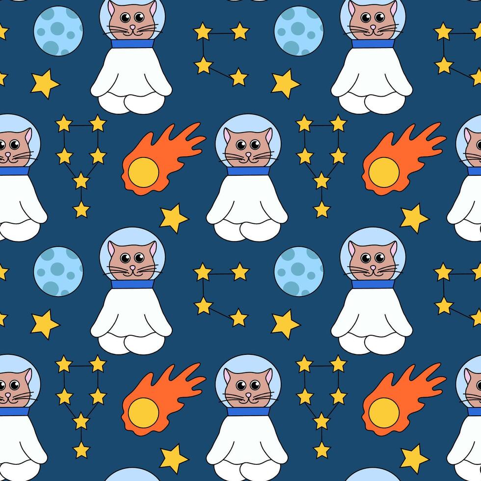 Space Seamless Pattern with Cute yoga pose cat astronaut, Planets and Stars, Constellation. Background for Kids Design. Flat Illustration. vector
