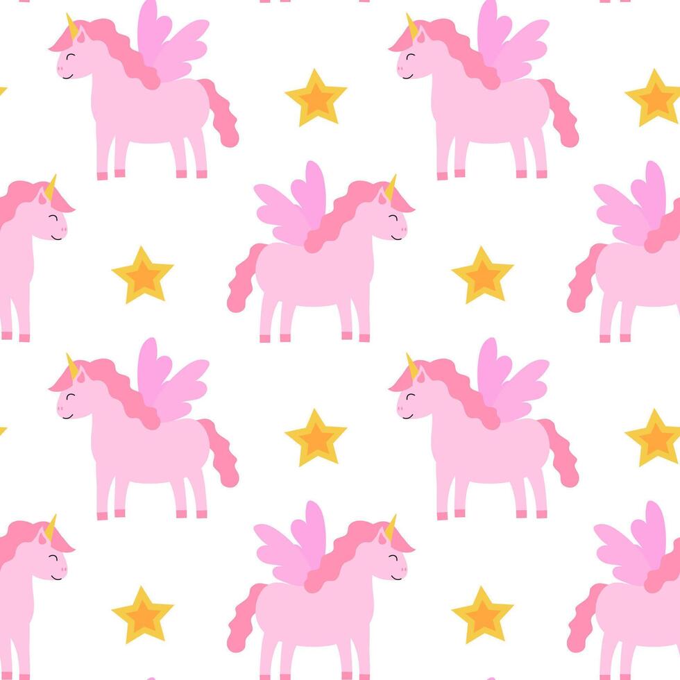 Seamless Pattern, Pink Unicorn Pegasus with stars. Children Flat Illustration. vector