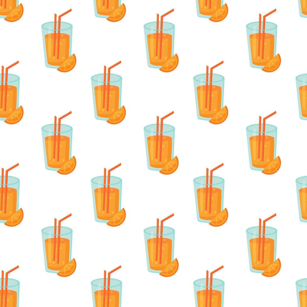 Seamless Pattern with Fruit Orange cocktail in glass with straw. Fresh summer drink. illustration. vector