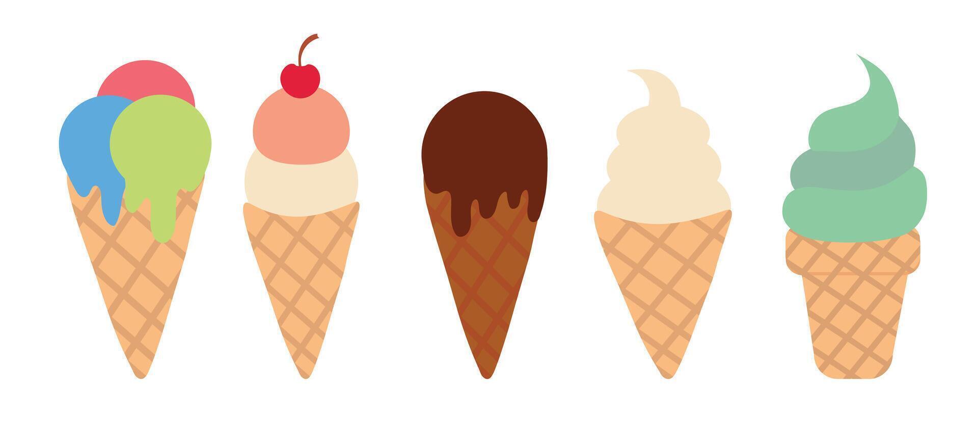 Ice cream collection in waffle cones. Summer time sweet food. vector