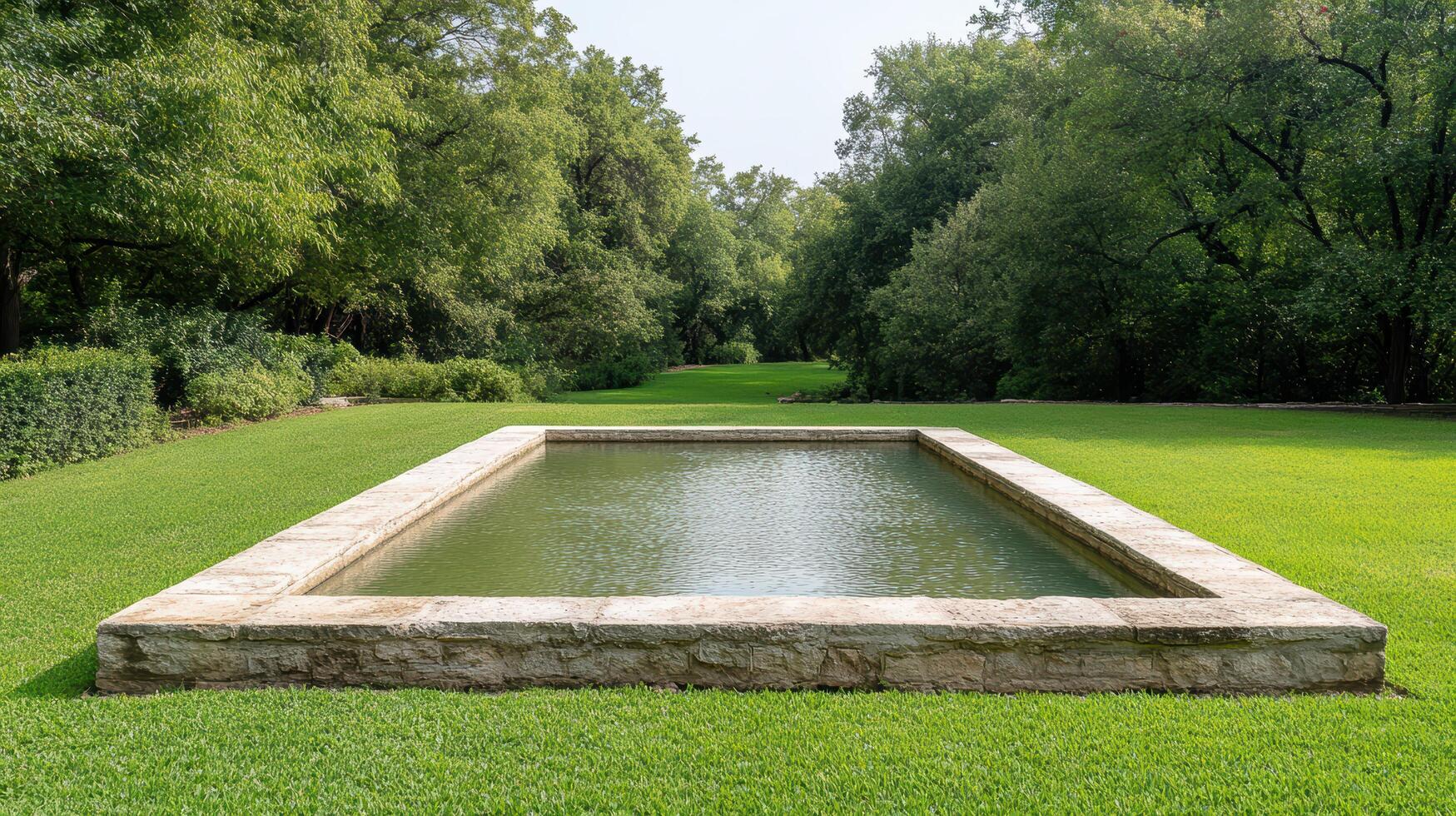 A large stone pool in the middle of a lush green field photo