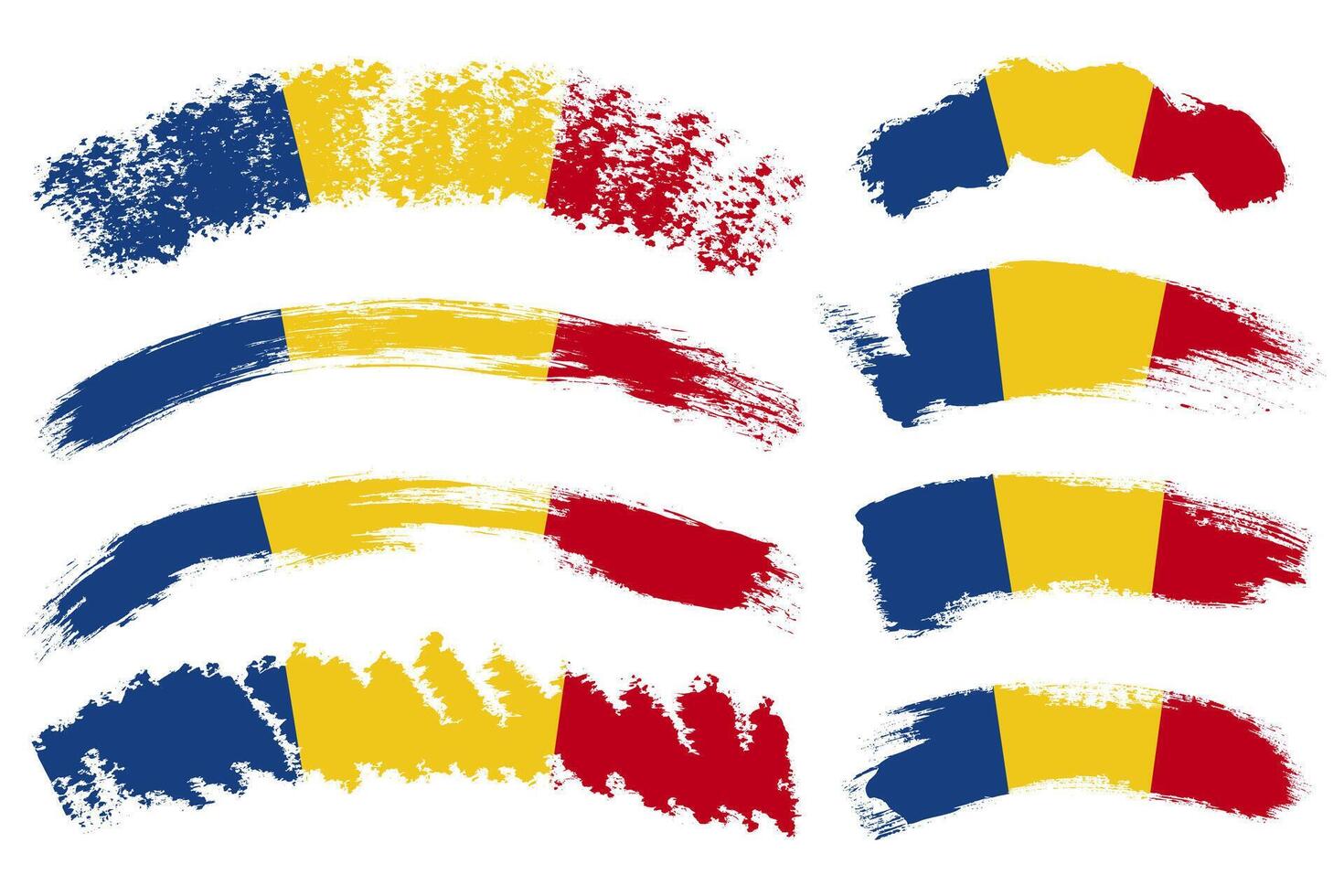 Romania waving grunge flag set. Romania flag brush strokes for national Day of Romania. Independence day grunge romania flag icon set isolated on white background vector