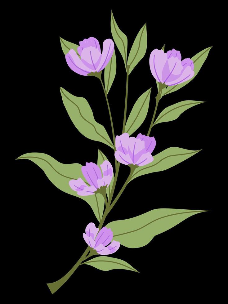 Branches of pastel bluish purple mini flowers on black background. vector