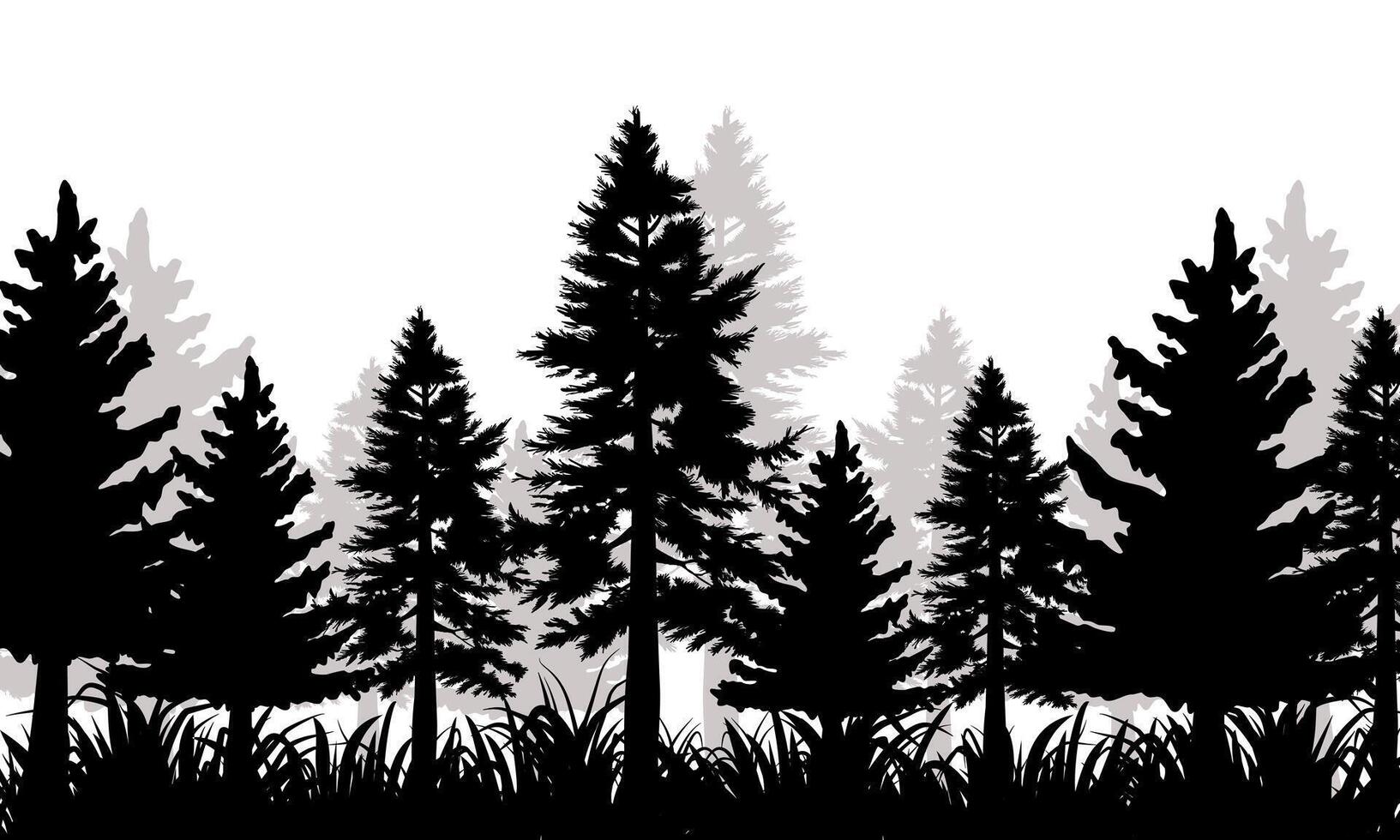 Set Black Branch Tree or Naked trees and grass silhouettes. vector