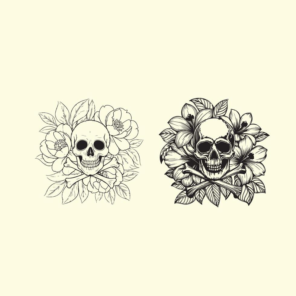 Hand Drawn Skull with Apple Blossoms Tattoo Art vector