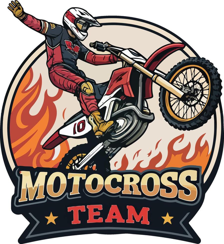 Motocross Rider Logo with Thrilling Stunt and Fiery Design vector