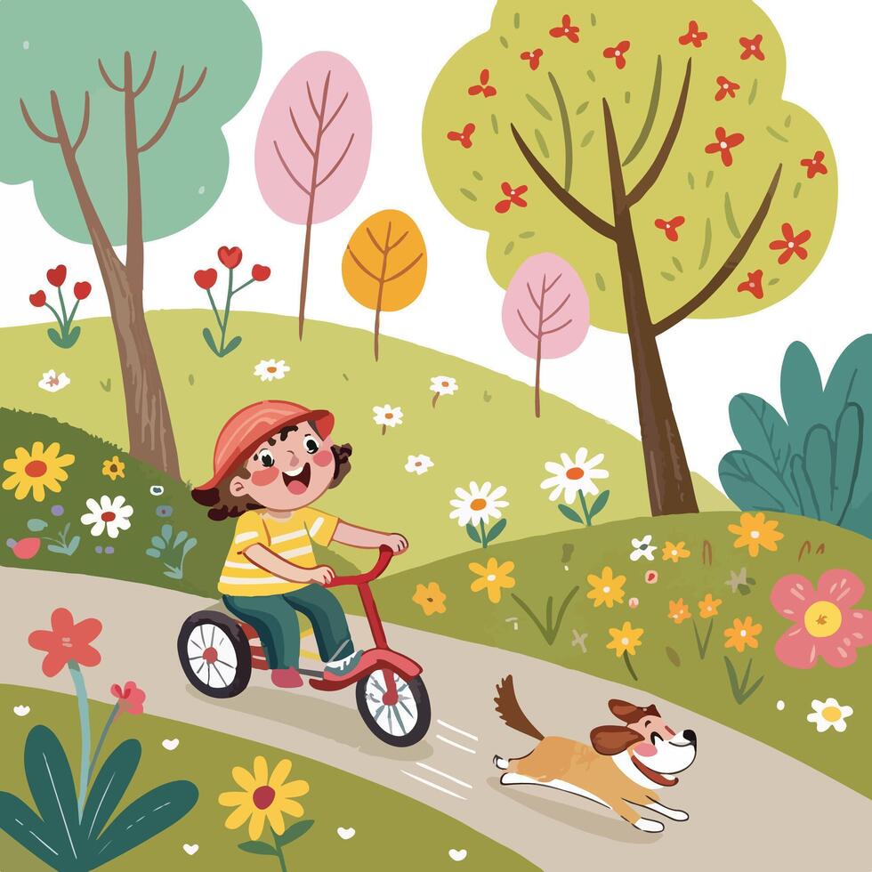 Joyful Child Riding Tricycle with Happy Dog in Vibrant Spring Park Illustration vector