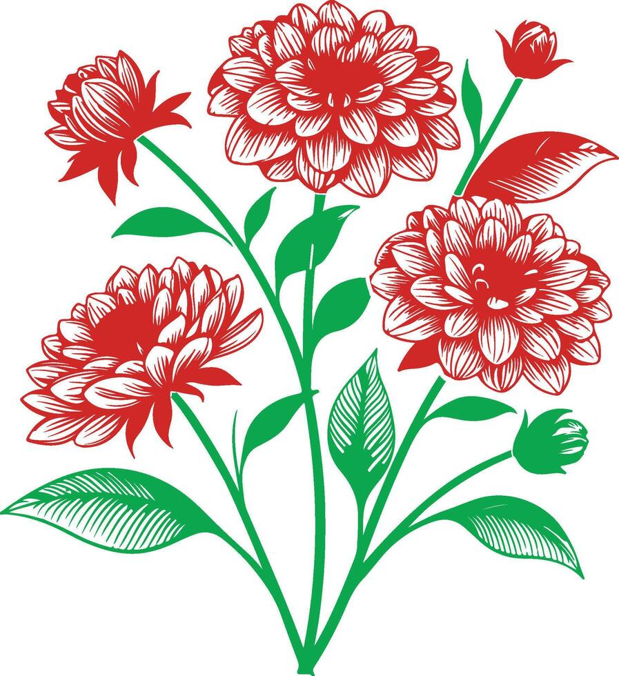 Red Dahlia Flower Illustration Vintage Botanical Vect Art Design vector