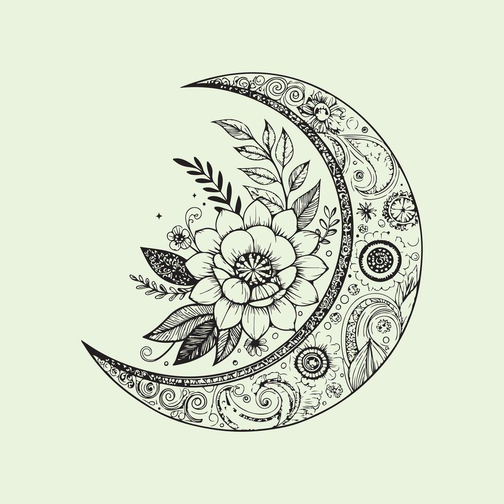 illustration of a floral background Intricate Moon and Flower Mandala with line art vector